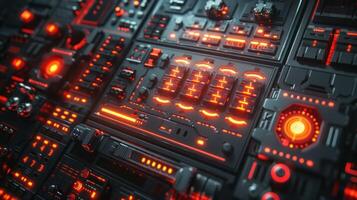Futuristic control panel with glowing red lights and intricate circuitry in a high-tech environment photo