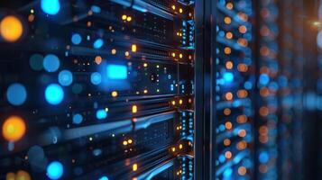Close-up view of illuminated server racks in a data center showcasing vibrant LED lights and technology photo