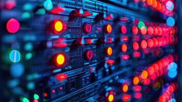 Close-up view of illuminated server racks showcasing vibrant LED indicators in a data center photo