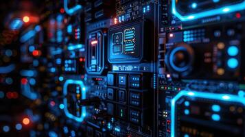 Close-up view of a futuristic circuit board with glowing elements and intricate designs photo