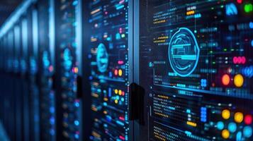 High-tech server room filled with illuminated data servers displaying vibrant digital interfaces photo