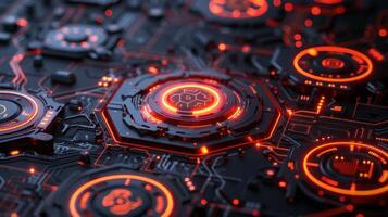 Futuristic circuit board design with glowing red elements, showcasing technology in a digital environment photo