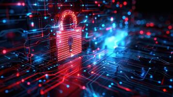 Digital padlock symbolizing cybersecurity amidst vibrant circuit patterns and glowing lights photo