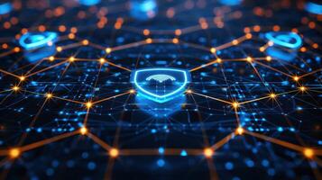 Abstract digital network with glowing nodes and shield icons representing cybersecurity connections photo