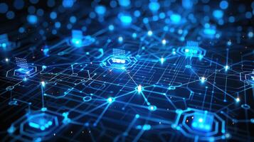 Abstract digital network with glowing blue connections and nodes on a dark background photo