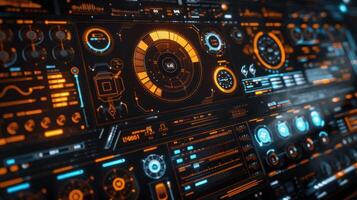Futuristic control panel displaying intricate data visualizations and interactive elements photo