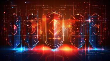 Futuristic digital interface showcasing glowing shields with intricate patterns and technology photo