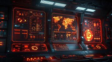 Futuristic control room with glowing screens displaying world map and data analytics photo