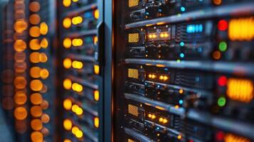 Close-up of illuminated server racks in a data center, showcasing technology and connectivity photo