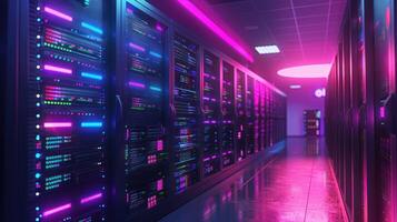 Futuristic data center with glowing servers and vibrant lighting, showcasing advanced technology photo