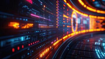 Futuristic digital interface displaying vibrant data streams and glowing graphics in a tech environment photo