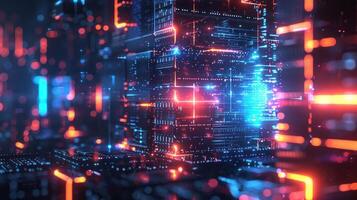 Futuristic digital cityscape with glowing neon lights and data streams in a tech environment photo