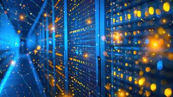 Abstract view of a data center with illuminated server racks and digital connections in blue tones photo