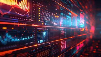 Futuristic data visualization interface showcasing vibrant analytics and metrics in a digital environment photo