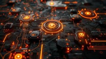 Abstract close-up of a futuristic circuit board with glowing orange elements and intricate details photo