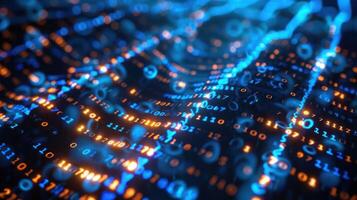 Abstract representation of digital data flow with glowing binary code and blue light effects photo