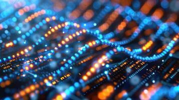 Abstract digital wave pattern with glowing blue and orange lights creating a vibrant background photo