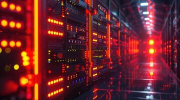 Futuristic data center corridor with glowing red lights and servers, showcasing advanced technology photo