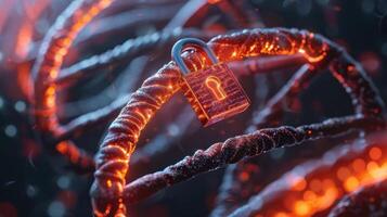 Abstract representation of DNA strands entwined with a glowing padlock symbolizing security and privacy photo
