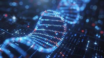 Abstract representation of DNA strands with digital data in a futuristic background photo