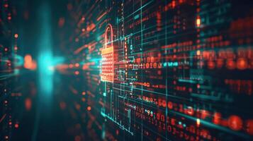 Abstract digital background depicting cybersecurity with a glowing lock symbol and data streams photo