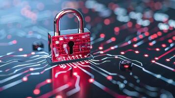 Digital security lock on a circuit board background, symbolizing cybersecurity and protection photo