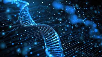 Abstract representation of DNA strand with glowing blue particles and connections in a dark background photo