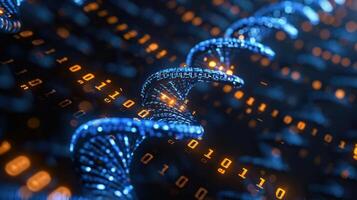 Abstract representation of DNA structure intertwined with binary code, symbolizing genetic data processing photo