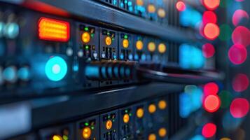 Close-up of server rack with illuminated indicators and cables, festive lights in background photo