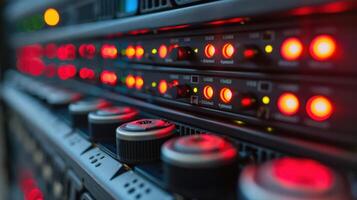 Close-up of illuminated server rack equipment showcasing active indicators and controls photo