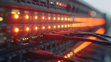 Close-up of illuminated server equipment showcasing active connections and data flow photo