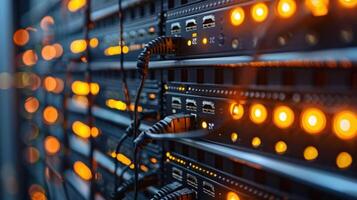 Close-up view of illuminated server rack with multiple connections in a data center environment photo