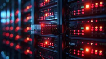 High-tech server room with illuminated equipment showcasing data processing in action photo