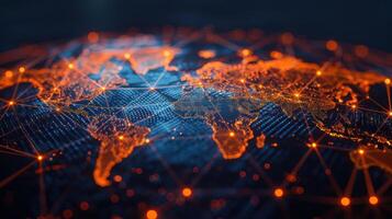 Abstract digital world map illuminated in orange tones with network connections and dark background photo