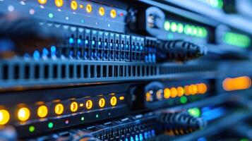 Close-up of illuminated server rack showcasing data connectivity and technology in action photo