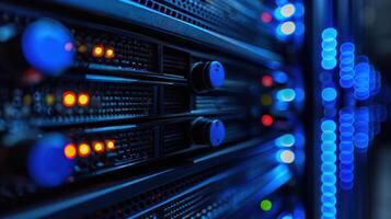 Close-up of illuminated server racks showcasing technology in a data center environment photo