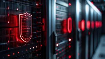High-tech server room with illuminated security shield and glowing data panels in background photo