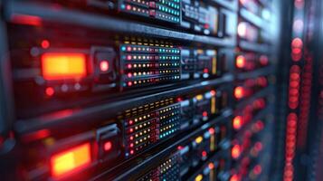 Close-up of illuminated server racks showcasing data storage technology in a modern data center photo