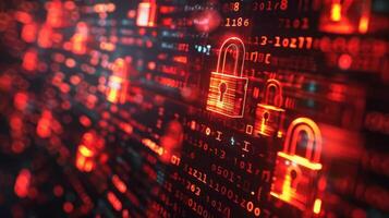 Abstract digital background featuring glowing padlocks amidst red binary code, symbolizing cybersecurity photo
