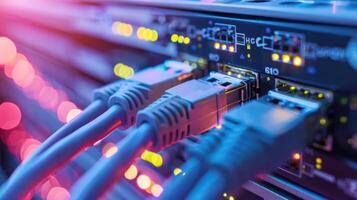 Close-up of network cables connecting to a server, illuminated by colorful LED lights in a data center photo