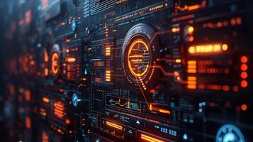 Futuristic digital interface with glowing elements and intricate patterns in a high-tech environment photo