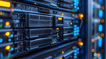 Close-up view of a modern server rack with illuminated components in a data center environment photo