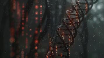 Abstract representation of DNA strands intertwined in a rainy, dark forest environment photo