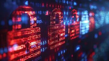 Abstract representation of digital security with glowing padlocks and binary code in a tech environment photo