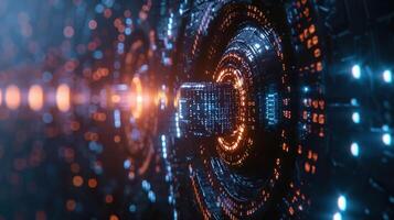 Futuristic abstract technology background featuring glowing circuits and energy flows in a digital environment photo