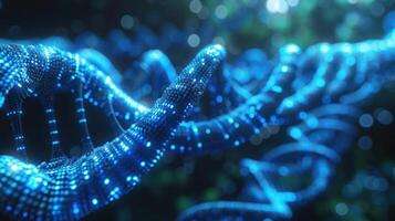 Abstract visualization of glowing DNA strands intertwined in a vibrant digital forest setting photo