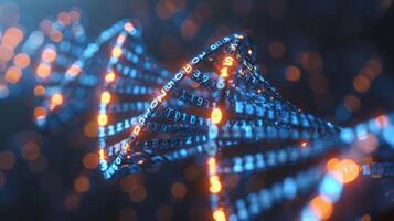 Abstract representation of DNA strands intertwined with glowing binary code in a digital environment photo