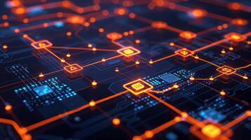 Abstract digital circuit board with glowing orange lines and nodes against a dark background photo