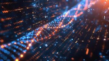 Abstract representation of digital data flow with binary code and glowing particles in a futuristic setting photo