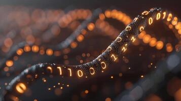 Abstract representation of flowing binary code with glowing digits on a dark background photo